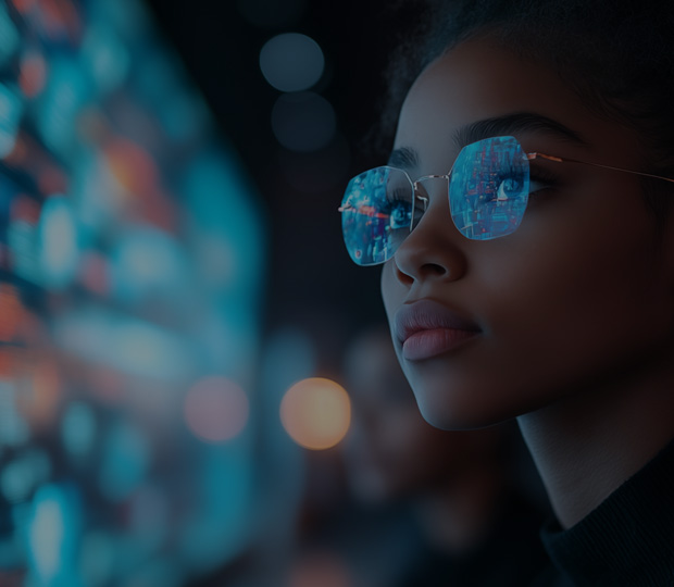 Lady with glasses looking at screen
