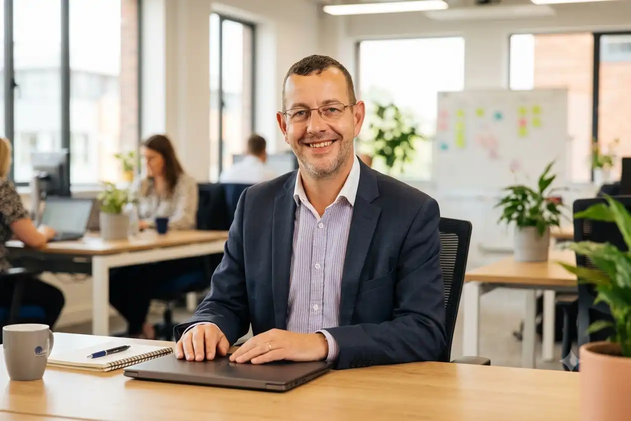 Darren Bird at a desk in the office