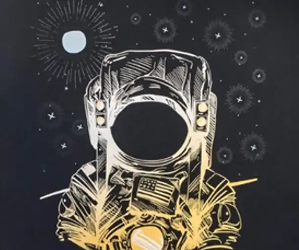 Iridesse Print Sample showing Spaceman using white and gold inks